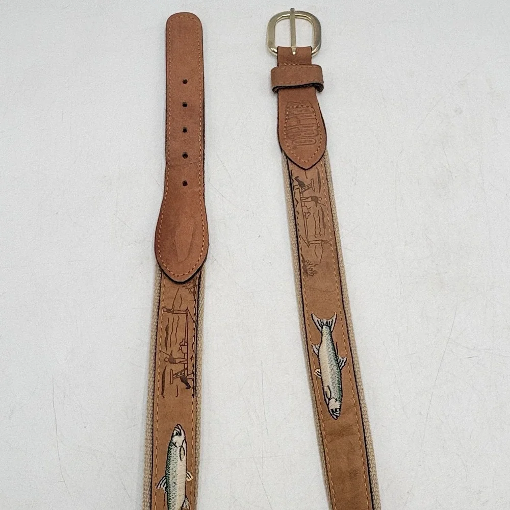 Vintage Woven Stretch Belt Fish Embroidered Canvas Leather Solid Brass Size 40